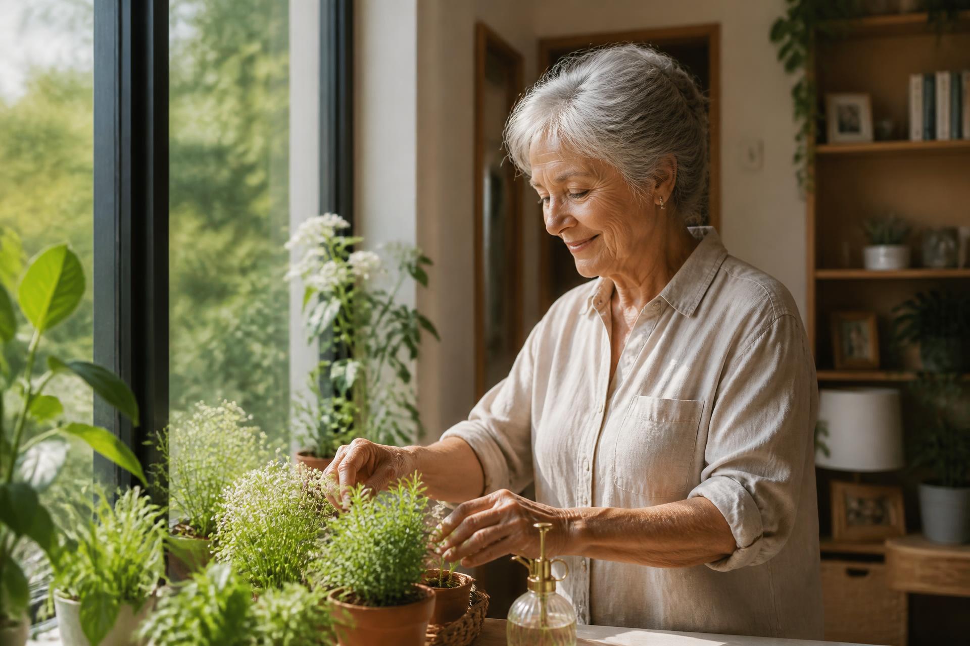 Senior woman tending plants by a sunlit window in her home
