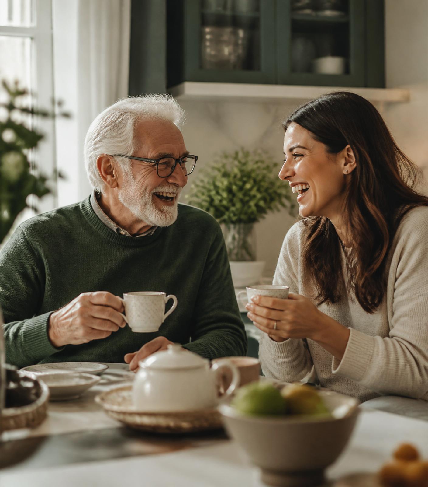 Senior father laughing with his adult daughter over tea at home